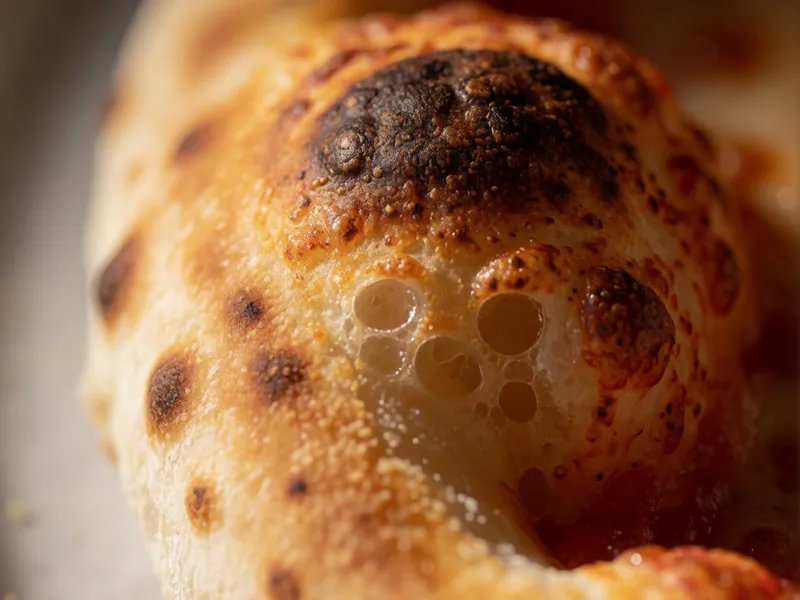 The charred rim of a Neapolitan pizza at Woodside Pizza, Woodside NY