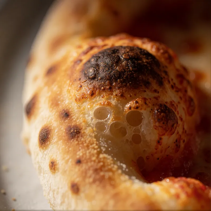 The leopard-spotted rim of a Neapolitan pizza at Woodside Pizza, Woodside NY