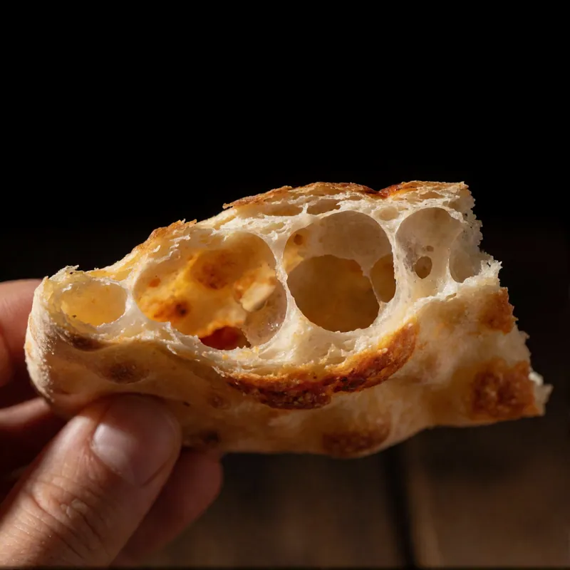 The open crumb of a torn pizza crust at Woodside Pizza, Woodside NY