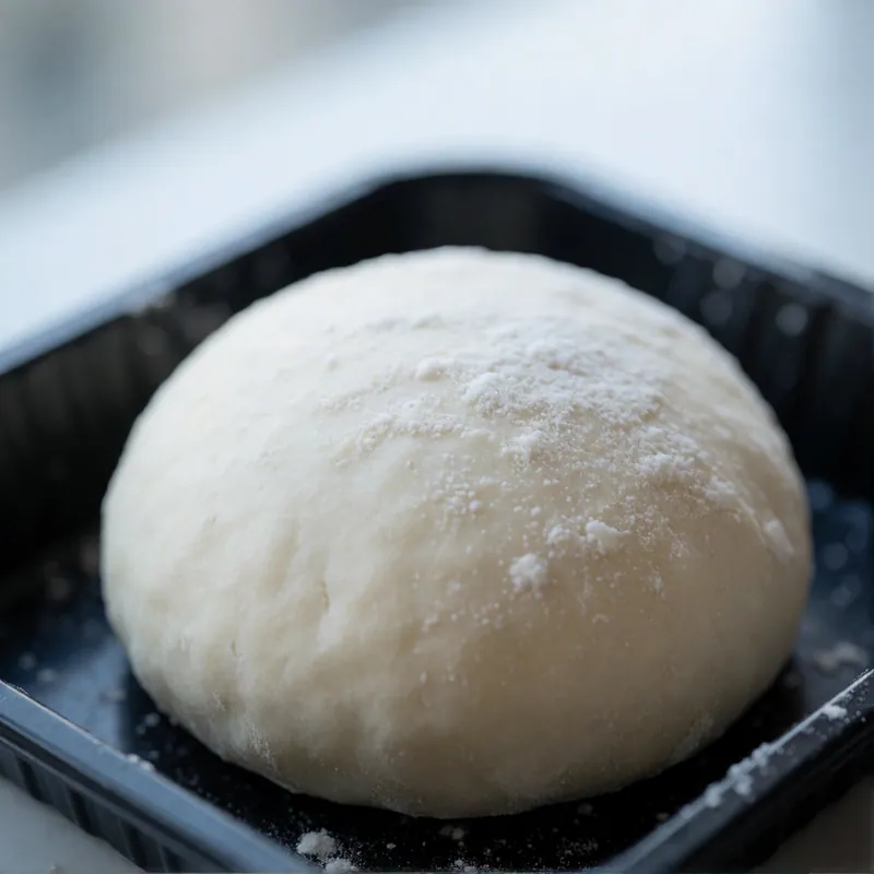 A proofed dough ball at Woodside Pizza in Woodside, New York