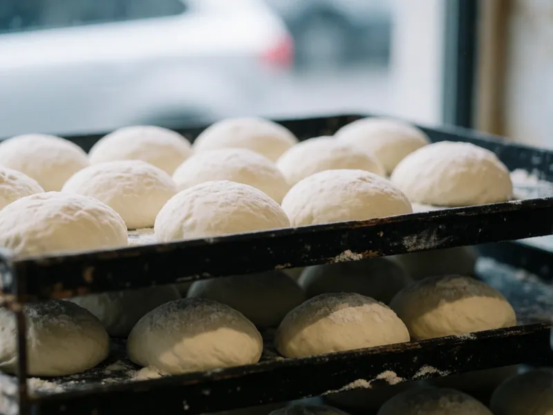 Trays of cold-fermented dough at Woodside Pizza in Woodside, New York