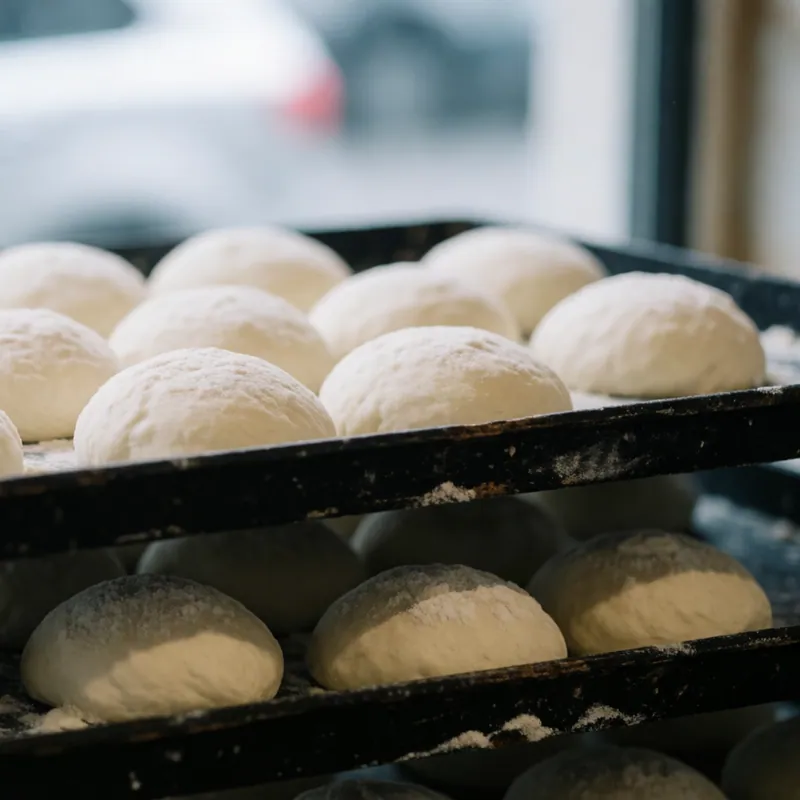 Trays of proofed dough in the cold room at Woodside Pizza, Woodside NY