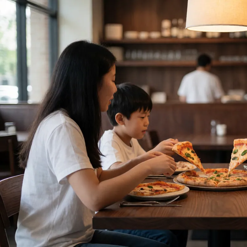 A family sharing a pizza at Woodside Pizza in Woodside, New York