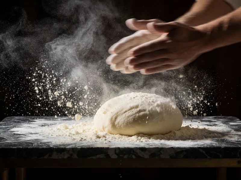 Flour in the air over the dough bench at Woodside Pizza in Woodside, New York