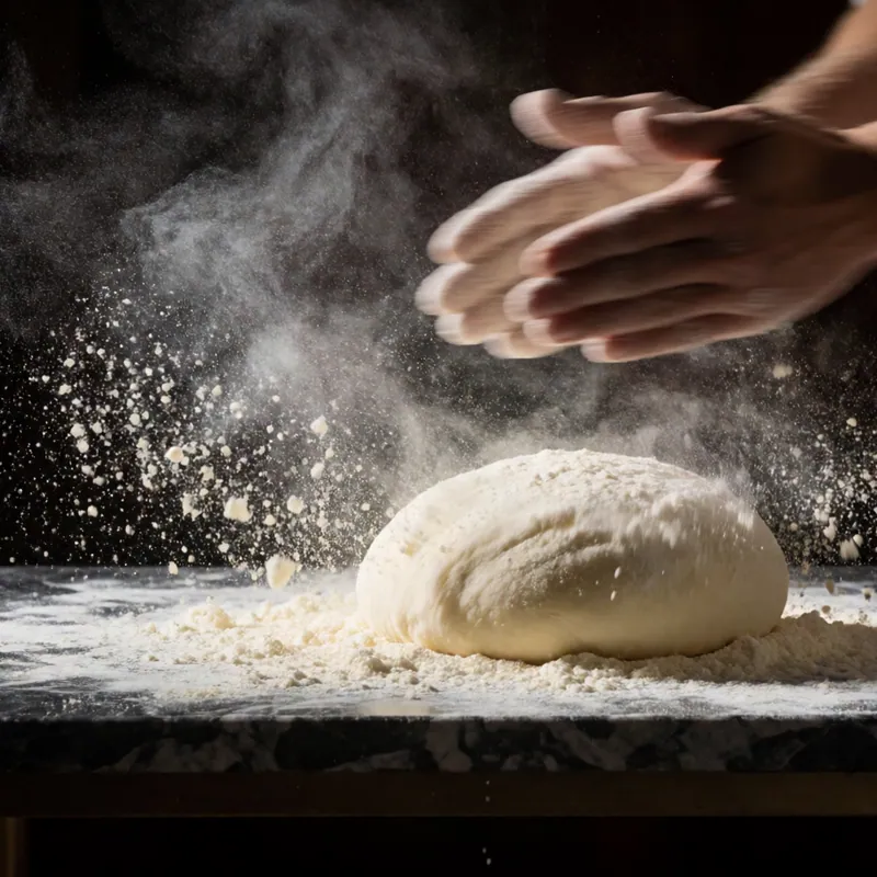 Flour in the air over the dough bench at Woodside Pizza, Woodside NY