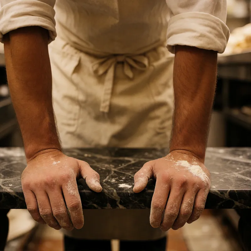 A pizzaiolo's hands at the bench at Woodside Pizza, Woodside NY
