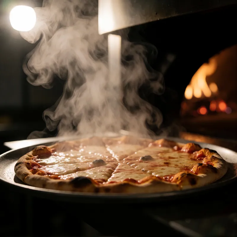 A pizza leaving the oven at Woodside Pizza in Woodside, New York