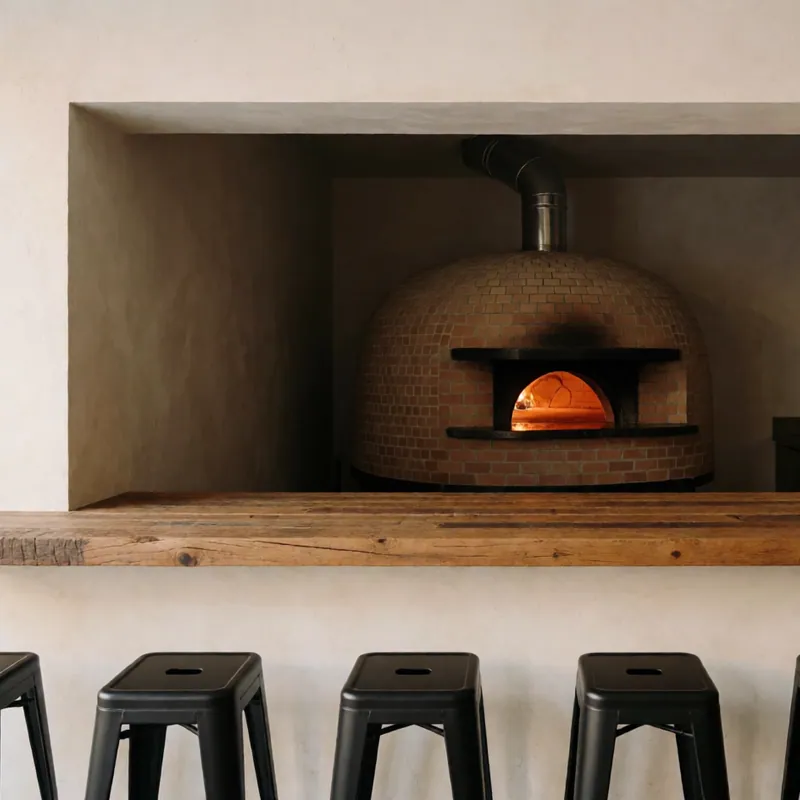The brick oven seen from the counter at Woodside Pizza in Woodside, New York