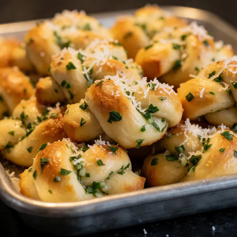 Garlic knots tossed in garlic oil at Woodside Pizza, Woodside NY