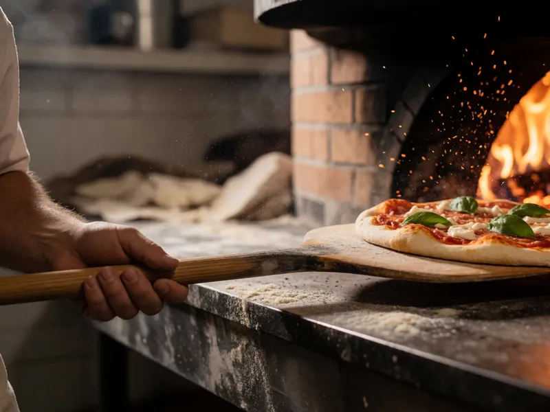 Sliding a pizza into the coal oven at Woodside Pizza, Woodside NY