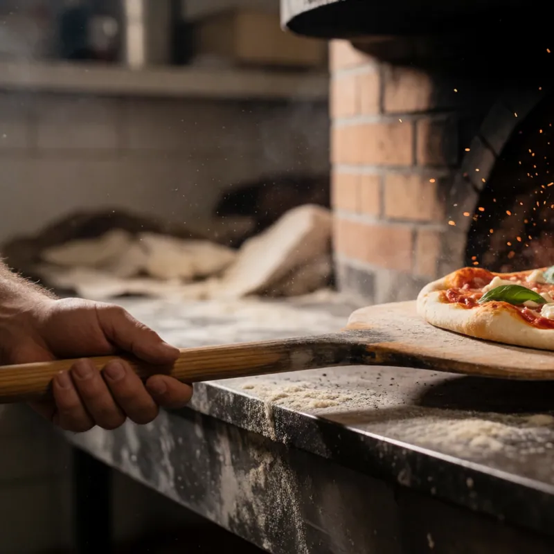 A pizza slid into the coal oven at Woodside Pizza, Woodside NY