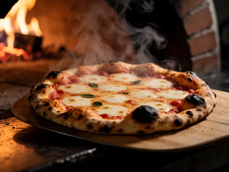 Pulling a finished pizza from the oven at Woodside Pizza, Woodside NY