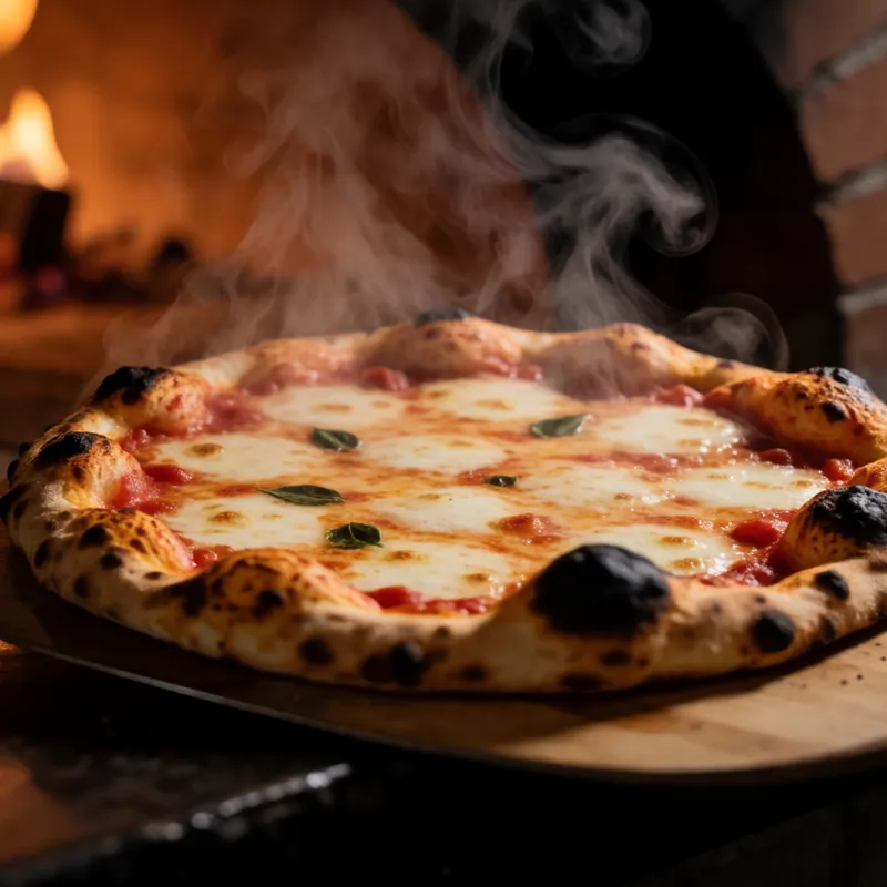 A finished pizza lifted from the oven at Woodside Pizza, Woodside NY