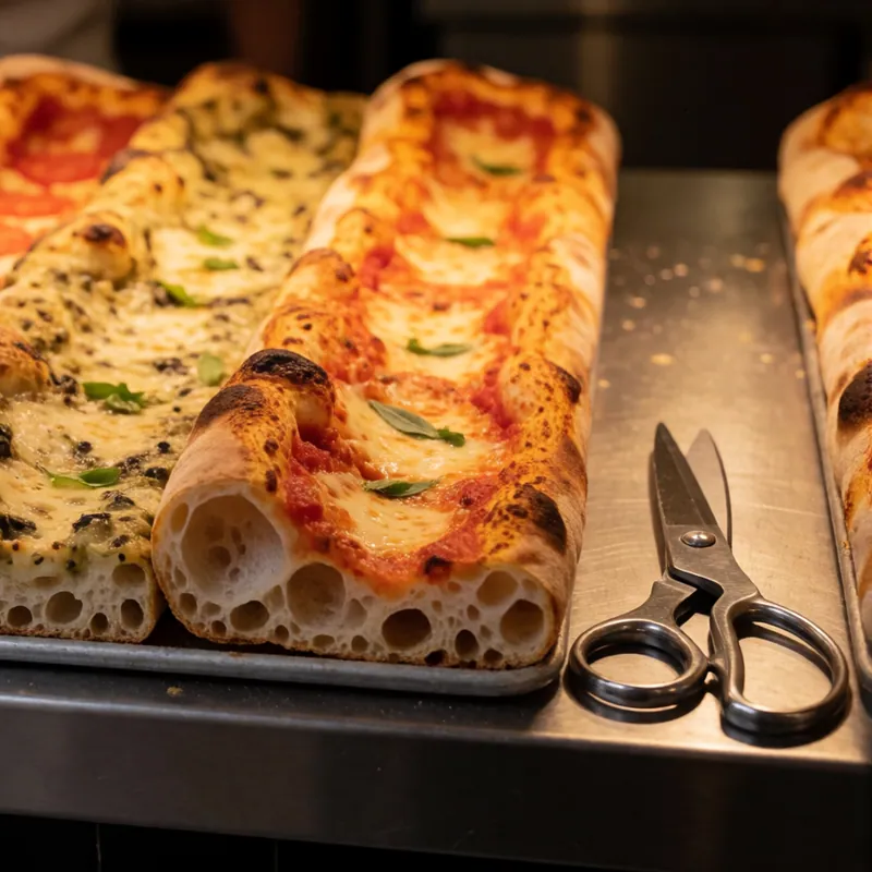 Roman al taglio trays cut with scissors at Woodside Pizza, Woodside NY