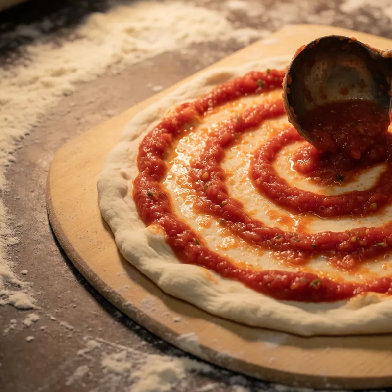 Sauce spread in a spiral over a pizza base at Woodside Pizza, Woodside NY