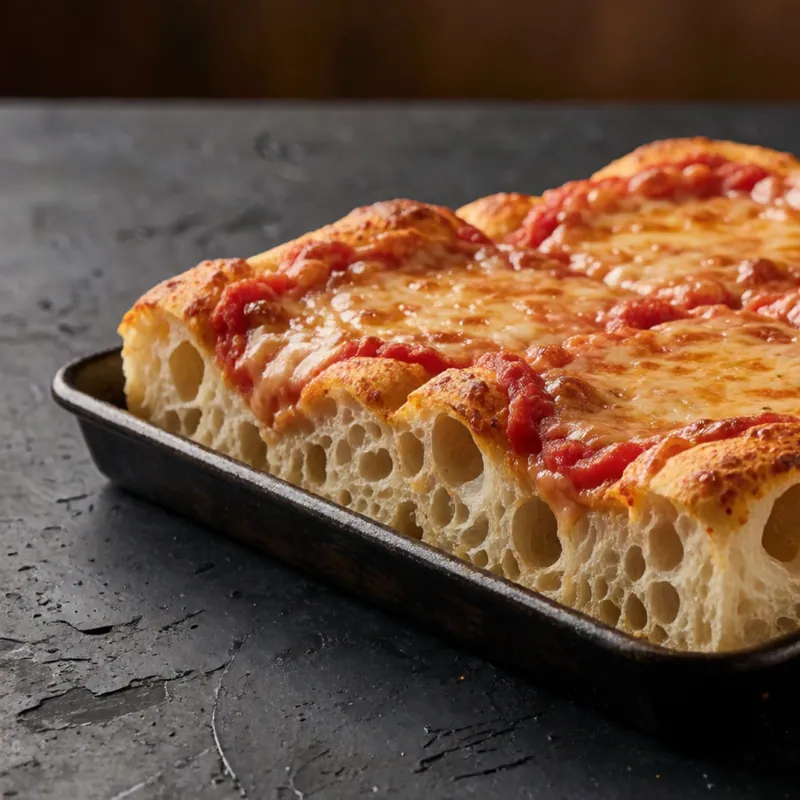 A Sicilian square pizza in its steel pan at Woodside Pizza, Woodside NY