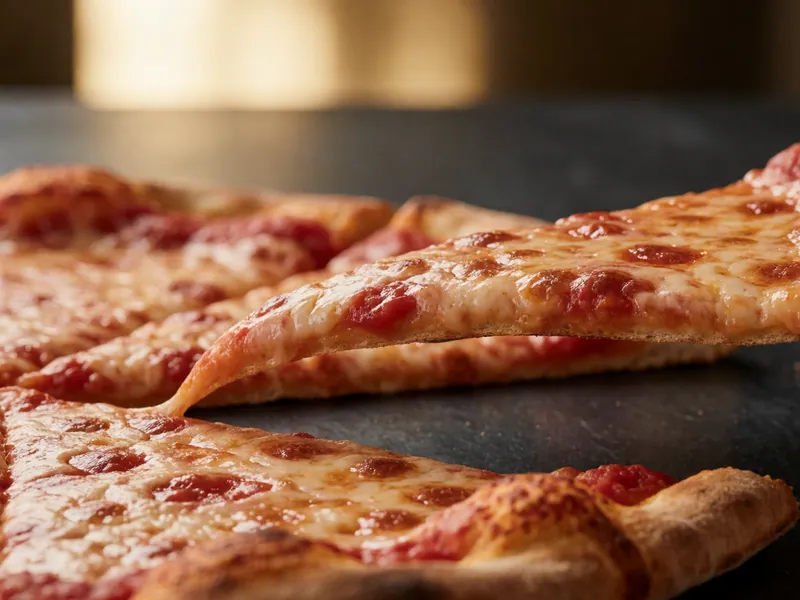 A New York slice lifted from a whole pie at Woodside Pizza in Woodside, New York
