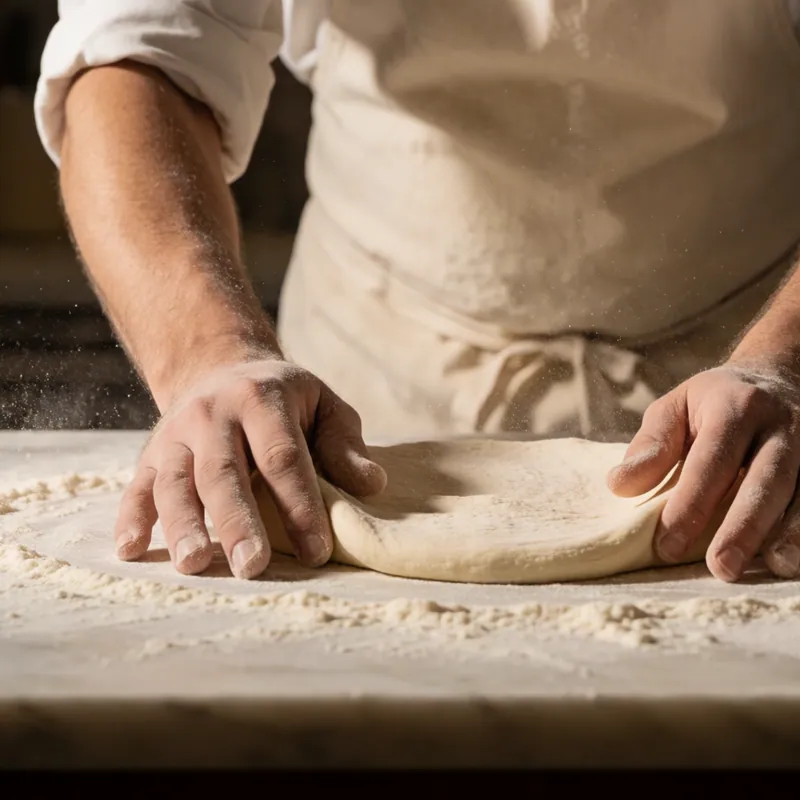 A pizzaiolo opening a round of dough by hand at Woodside Pizza, Woodside NY