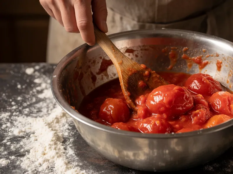 Plum tomatoes crushed by hand at Woodside Pizza in Woodside, New York
