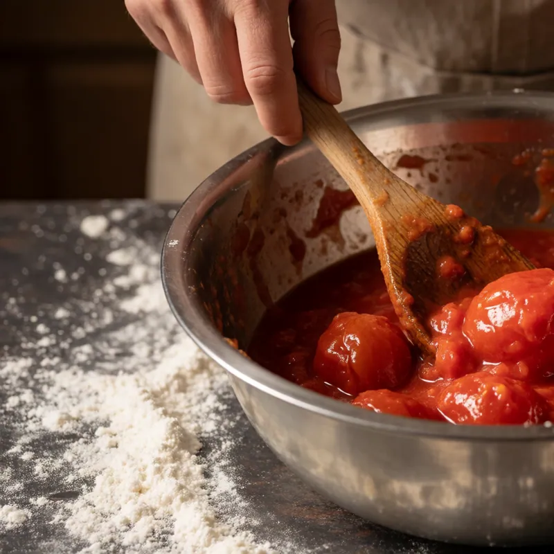 Plum tomatoes crushed by hand at Woodside Pizza, Woodside NY