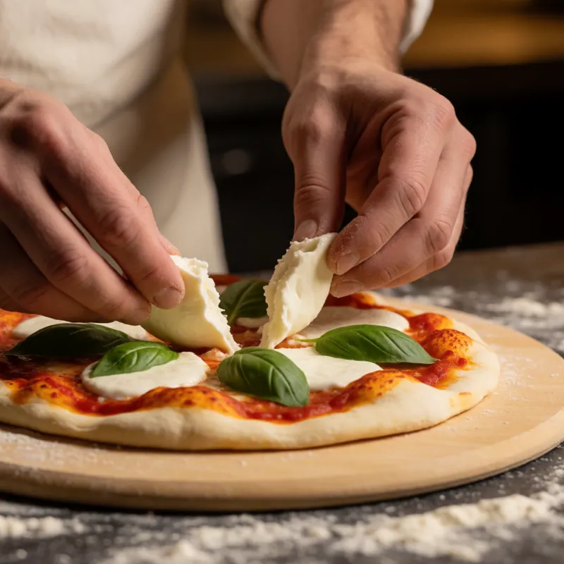 Torn mozzarella and basil placed on a pizza at Woodside Pizza, Woodside NY